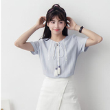 夏季新款韩版森女风系带流苏刺绣花纹短款圆领套头衬衣短袖上衣女