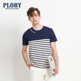 PLORY韩国衣恋正品男夏新品撞色拼接学院风条纹休闲T恤PORA623007