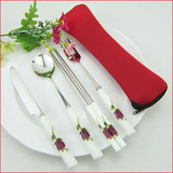 旅行陶瓷不锈钢筷勺叉刀套装便携式餐具学生创意随身携袋骨瓷花卉