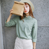 长袖衬衫女春季学生韩版女装上衣纯棉宽松纯色打底ol立领白衬衣