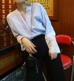 2016夏季新款韩版 气质袖口拼接蕾丝棉麻舒适宽松V领衬衫打底衫女