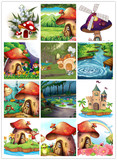 EPS矢量素材卡通人物童话森林插画城堡小河蘑菇屋青蛙图案儿童元
