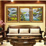 欧式油画纯手绘别墅客厅三拼组合山水风景玄关装饰画挂画HD241