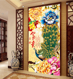 大型壁画新款富贵吉祥牡丹孔雀中式玄关装饰墙纸中国风 典雅壁纸