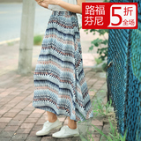 2016夏季新款韩版高腰修身开叉裙抽象图案雪纺半身裙复古百搭长裙