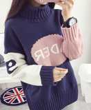 正品女装新款冬季韩版中长款字母印花套头不起球毛衣加厚高领