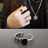 925纯银戒指女日韩潮人饰品不对称链条个性设计镶嵌黑玛瑙食指戒
