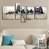 客厅装饰画沙发背景墙油画卧室餐厅手绘五联抽象油画城市组合欧式