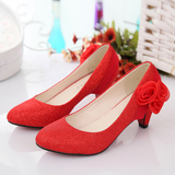包邮2014新款低跟5CM花朵结婚鞋两穿新娘鞋孕妇系带红鞋粗跟婚鞋