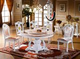欧式实木餐桌椅组合大理石带转盘白色圆桌可做电磁炉火锅餐桌圆桌