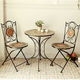 美式 铁艺复古做旧实木户外桌椅组合 圆形马赛克咖啡厅休闲桌椅