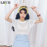 LRUD2016夏季新款韩版宽松套头镂空针织衫女花边领短袖罩衫上衣