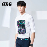 GXG夏季中袖衬衫 男士休闲印花修身白色五分短袖衬衫 52223156
