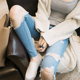 韩国正品代购进口女装2016春装新款膝盖大破洞修身显瘦小脚牛仔裤