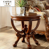 美式客厅沙发边几实木仿古休闲咖啡桌子深色木质圆茶几欧式圆角几