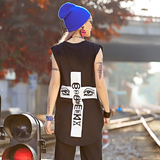 街头朋克风2016新款女装嘻哈个性十字架印花无袖中长款不规则T恤