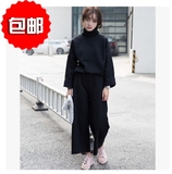 冬季新款韩版纯色个性简约高领保暖加绒不锁边百搭卫衣套装女