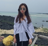 韩国ulzzang夏季女装上衣学院风亚麻棉条纹V领系带喇叭袖中袖衬衫