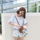 【U家】夏季新品韩国小清新荷叶袖娃娃T恤 日系条纹上衣