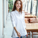 2016秋季新款韩版纯棉刺绣女士衬衫中长款修身长袖显瘦白色打底衫