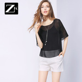 ZK透视雪纺衫两件套宽松显瘦气质休闲圆领上衣2016夏季新款女装潮
