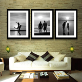 黑白沙滩情侣客厅装饰画三联画现代简约欧式挂画墙画抽象画有框画