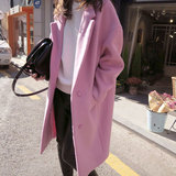 2015韩国新款韩版粉色毛呢外套女中长款韩范妮子茧型加厚呢子大衣