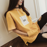 2016夏季新款韩版时尚休闲连帽字母短袖卫衣t恤女宽松显瘦中长款