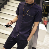 夏季亚麻男士短袖衬衫立领薄款加肥加大码寸衣韩版潮修身棉麻衬衣