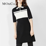 MO&Co.黑白条纹中袖小翻领A字针织连衣裙休闲短裙MA161JEY35 moco