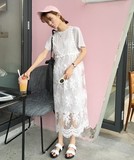 乡丫头自制韩版蕾丝背心裙+中长款T恤裙两件套 甜美少女套装