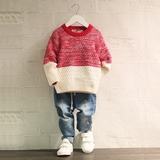 2015童装冬款男童毛衣拼色圆领套头针织衫加厚5-6岁儿童毛衫韩版
