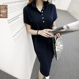 市舶司 韩国女装2016夏装新款POLO领纽扣纯色短袖连衣裙QS1002