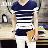 夏季男士短袖t恤V领条纹休闲打底衫青年韩版修身半袖体恤潮男装