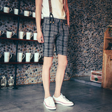 夏季新款韩版修身百搭男士青年背带格子学生潮流休闲五分短裤穿