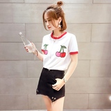 女装刺绣T恤潮流学生简约拼色显瘦打底衫上衣服2016新款夏装韩版