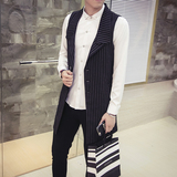 新品男士条纹韩版时尚发型师修身外套薄款无袖开衫潮流中长款马甲