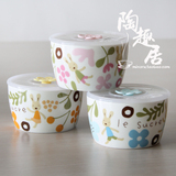 日本卡通保鲜碗带盖 陶瓷便当盒圆形日式餐具饭盒微波炉冰箱专用