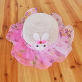 韩国蕾丝针织帽子儿童卡通兔子遮阳帽女童公主镂空沙滩帽草帽