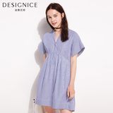 迪赛尼斯2016夏装新款V领蓝白条纹连衣裙短袖时尚休闲衬衫裙
