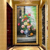 美式手工油画欧式玄关装饰画纯手绘古典牡丹花卉壁画竖幅挂画过道