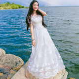 马尔代夫女神重工刺绣花朵白色蕾丝修身仙女气质大摆长裙连衣裙夏