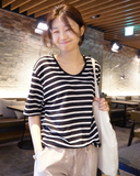 正品韩国代购2016夏装新款韩版女装宽松细条纹亚麻圆领短袖T恤衫