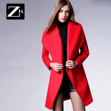 ZK2016冬装新款女装大红色大翻领羊毛呢大衣呢子外套女中长款系带