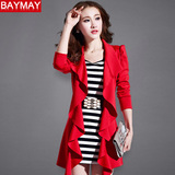 baymay春季长袖韩版女装圆领短裙 荷叶边条纹连衣裙长袖两件套
