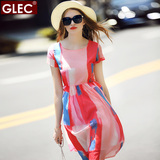 GLEC2016胖mm欧美大码女装夏季新品200斤概念彩色瘦腰雪纺连衣裙