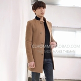 韩版男装冬季新款修身中长款毛呢大衣 立领拼色休闲羊绒呢子外套