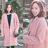 2015韩版冬装宽松粉色中长款显瘦毛呢外套茧型呢子大衣学生女加厚