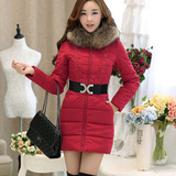 棉服女中长款修身显瘦韩国版2015冬装新款大码外套大毛领保暖棉衣