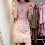 夏日蕾丝控2016韩国新款显瘦蕾丝裙子裸粉色修身连衣裙女装夏短袖